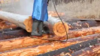 Окорка бревна водой.