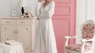 Cotton Long-sleeved Sexy Backless V-neck Long Nightdress