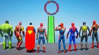 SUPERMAN, HULK, IRONMAN VS SPIDERMAN SUITS | SUPERHEROES Racing Challenge Sea Ramp Competition 