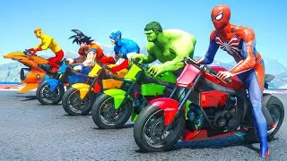 SUPERHERO Competition Challenge | Spiderman, Hulk & Goku Motorbike Jump over the Ocean 