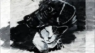 Как нарисовать кошку и собаку. Как нарисовать черно-белый рисунок. Интерьерная картина. Животные.