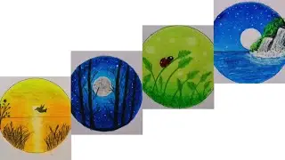 4 Beautiful Scenery drawings in circle using Oil Pastel || Oil Pastel drawing in circle.