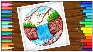 Step by Step Waterfall Landscape Painting for Beginners | Very Easy Waterfall Drawing