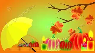 Multi-colored pumpkins, burning candles, yellow umbrella, falling autumn maple leaves.
