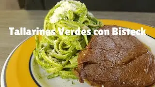 Tallarines verdes o al pesto con bisteck