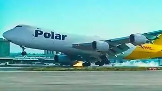 Huge Cargo Plane Engine Hits the Runway while landing.