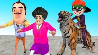 Scary teacher 3D NickJoker vs Tani Harley Quinn troll Tiger attack Miss T & 3 Neighbor animation