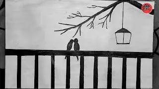 Love birds scenery drawing | drawing of birds with pencil | birds sitting on a wall drawing