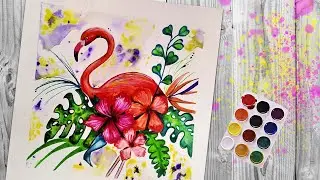 🦩 Как нарисовать фламинго акварельными красками. Очень простой рисунок для начинающих