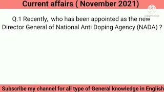 latest appointment 2021 current affairs updated November General knowledge in English important qstn