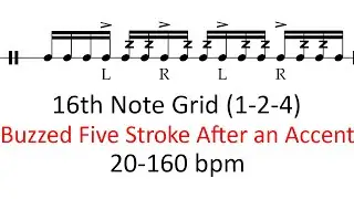 Buzzed five stroke after 1-2-4 accents | 20-160 bpm 16th note grid sheet music