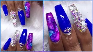 Watch Me Work | Royal Blue Coffin Acrylic Nails Tutorial | Alcohol Ink Marble and Swarovski Crystals