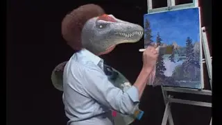 Dinosaurs in a Bob Ross style landscape