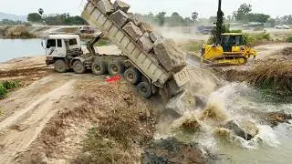 Incredible Project Deep Pond Filling up Many Dump Truck Delivery Wheel Loader, Bulldozer Pushing