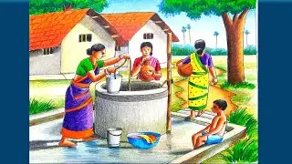 Village scenery drawing step by step/village working women drawing with colour