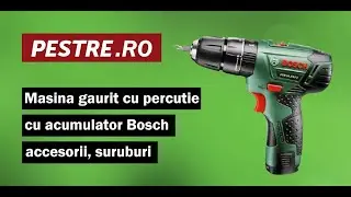 Montaj bormasina Bosch cu percutie cu acumulator, 300 rpm, sistem complet cu accesorii, suruburi