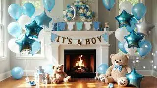 Baby Boy Shower Fireplace Background 2 Hours 💙 Blue Gender Reveal Ambience Screensaver