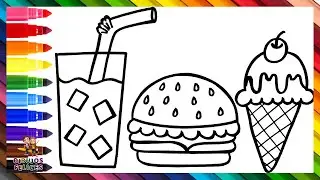Dibuja y Colorea Comida Rapida 🍔🥤🍦 Dibujo De Hamburguesa, Coca Cola Y Un Helado 🌈 Dibujos Para Niños