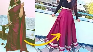 how to convert old saree into lehnga-full circular umbrella cut lehnga cutting and stitching