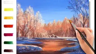 The frost and sun... Winter landscape. How yo paint🎨ACRYLIC tutorial DEMO
