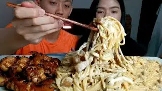 Couples Mukbang | ASMR | White Sauce Spaghetti + Fried Chicken Wings | Eating Show