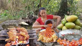Big chicken spicy cooking for food, Redfish soup tasty for survival food, Turtle cooking for dinner
