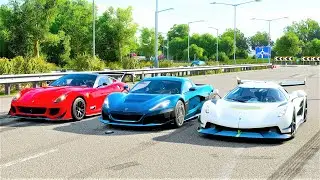 Forza Horizon 4 Drag race: Rimac C2 vs Koenigsegg Jesko vs Ferrari 599XX Evo (Maxed out)