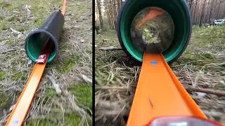 Длинный трек Хот Вилс с туннелями. Hot Wheels road trip, outdoor long track with tunnels