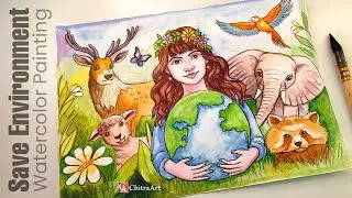 Save Environment Day Drawing | Watercolor Painting on Nature Save Earth