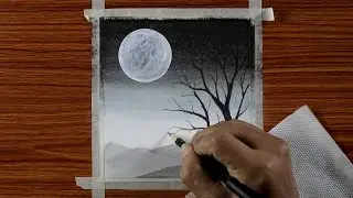 Easy Black and White Landscape Drawing for Beginners with Oil Pastels - Step by Step