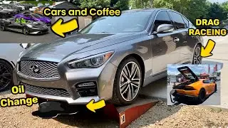 Q50 Red Sport 400 Oil Change + Cars and Coffee and Street Car Takeover!