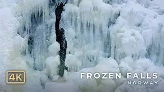 FROZEN FALLS – Aerial View of Reiårsfossen Waterfall in Winter (4K Drone)