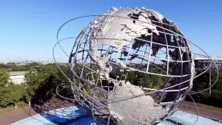 NYC 1964 1965 Worlds Fair Unisphere Flushing Meadow Park Queens - drone aerial New York City