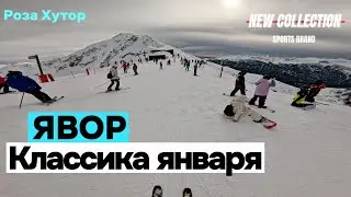 Роза Хутор, трасса Явор. Конец января — всё стабильно: и люди, и снег.