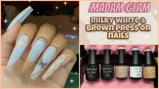 Madam Glam gel polish and rubber base || milky white and brown press on nails