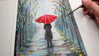 Easy Rainy season scenery drawing for beginners|| A girl walking in the Rain acrylic painting||