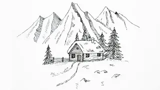 How to Draw a House in the Mountains Landscape