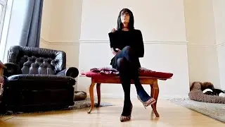 Crossdressing, sat on a table, next to a chair 💕🖤