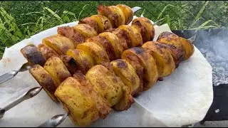 DELICIOUS POTATO SHASHLIK. SUPER Recipe for potatoes with bacon on the grill.