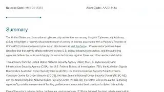 URGENT: U.S., International Partners Release Advisory Warning of PRC State-Sponsored Cyber Activity
