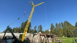 Handmade Tower Crane at Work — Taking off Form Panels, The Heart of the 100 year old Barn