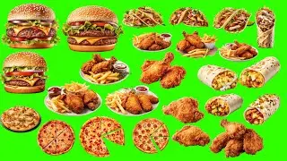 Sizzling Fast Food Feast On A Green Screen - Burgers, Fries, Pizza, And Fried Chicken Galore!