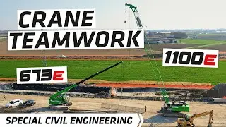 Crane teamwork during railroad constructions - SENNEBOGEN 673 E & 1100 E