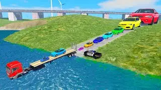 Small to Giant Cars vs Deep Water - Double Flatbed Trailer Truck Car Rescue -  BeamNG.Drive