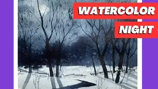 How to paint a watercolor winter night landscape like Bhupinder Singh