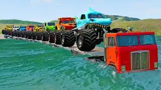 Quad Flatbed Long Trailer Monster Trucks Transport Car Rescue - Cars vs Deep Water - BeamNG.drive