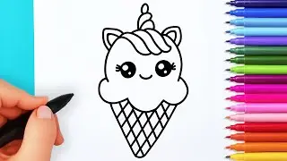 How to draw unicorn ice cream easy | Drawing and coloring kawaii unicorn