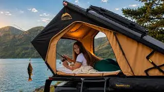 SOLO Camping in a ROOFTOP Tent in Strong Wind | CATCH & COOK Fish at a Remote Mountain Lake | ASMR
