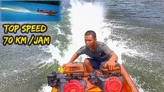 Fast boat test using 2 16 HP high-speed engines, top speed 70 km/hour