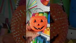 Mini rhinestone Halloween treat bucket. #halloween #makehalloween #halloweencraft #halloween2023